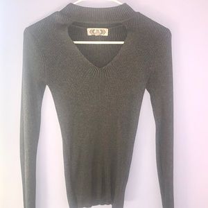 Choker Styled, V-Neck, Gray Sweater